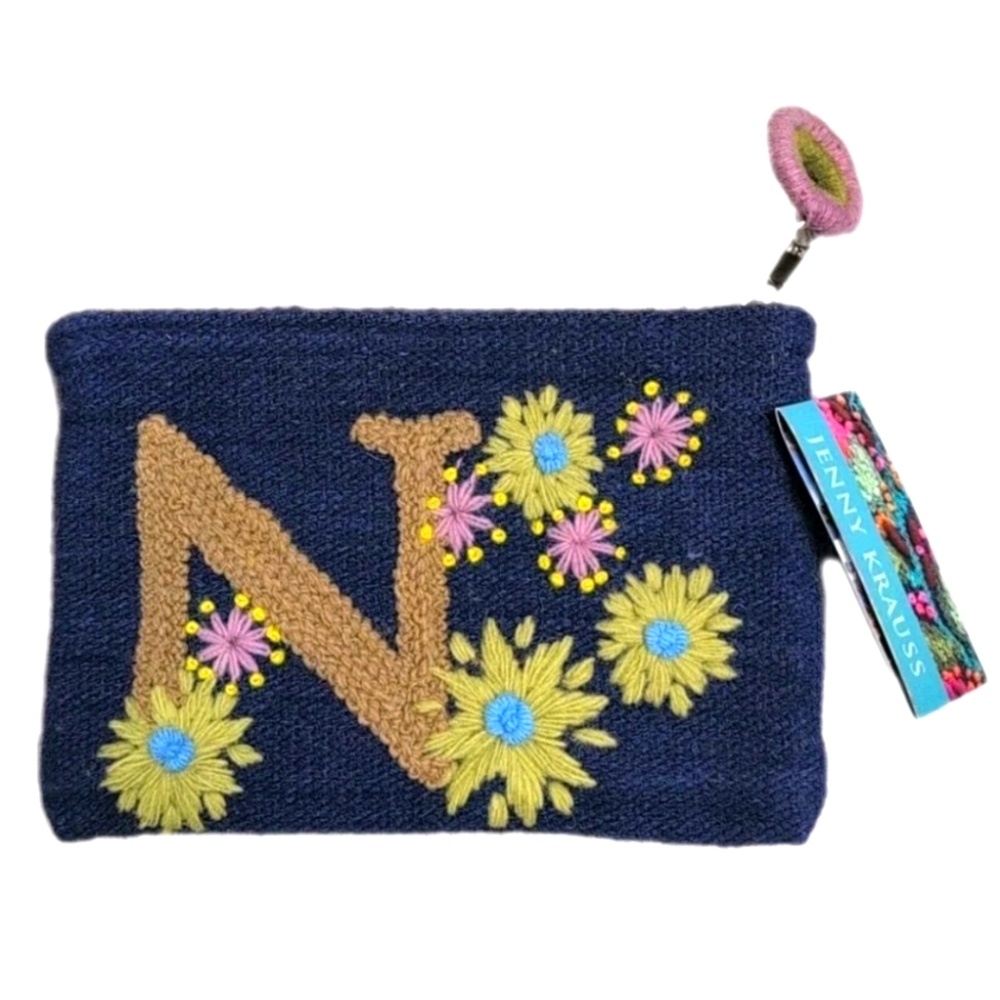 Jenny Krauss  100% Wool Embroidered Monogram "N" Floral Pouch Makeup Clutch Bag